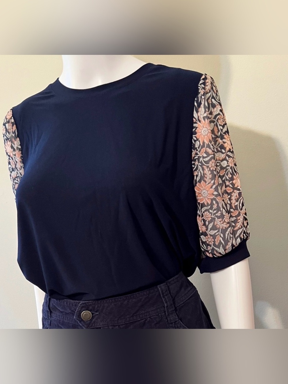 CeCe Navy Top with Floral Puff Sleeves